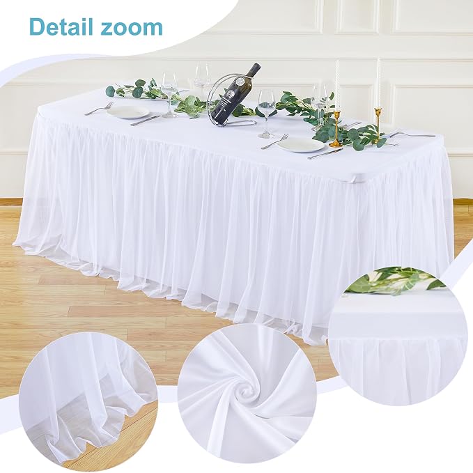 HB HBB MAGIC White Table Cloth Rectangle Fitted Elastic Stretch Table Covers for 8 Foot Tables, White Tulle Table Skirt Rectangle 8ft Banquet Party Wedding Tables Cloths