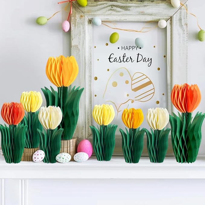 SUNBEAUTY 8PCS Flower Honeycomb Decoration Spring Decorations for Office Spring Table Decor Tulip Honeycomb Flower Mother's Day Decoration Orange Tulip Decor Spring Decor Tulips Table Centerpieces