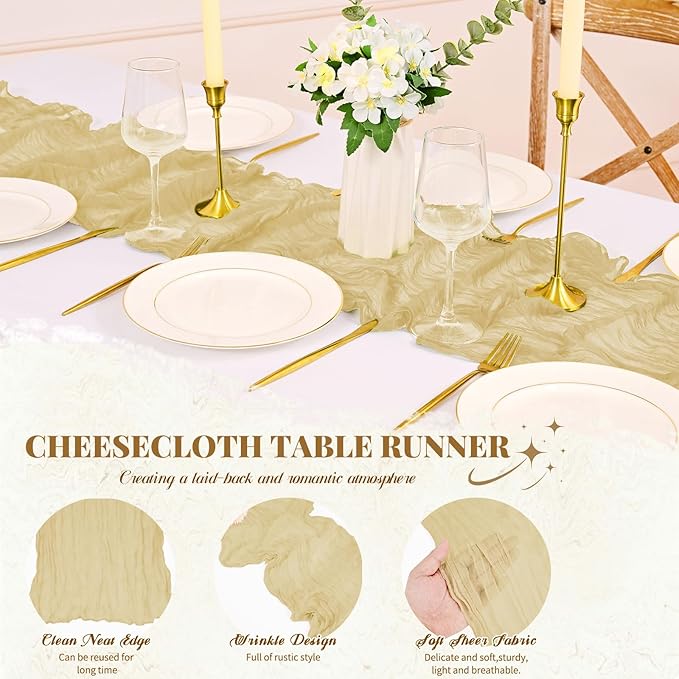 12 Pack Cheesecloth Table Runner,Beige Table Runner Long Romantic Semi Sheer Rustic Boho Gauze Table Runners for Wedding Bridal Shower Birthday Party Decorations(17.7×108 Inch)