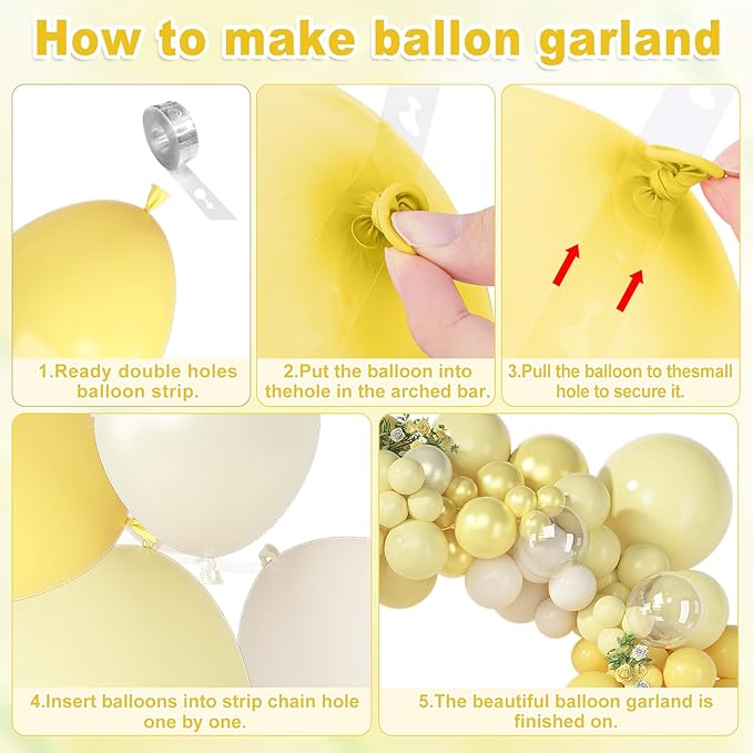 Amandir 173 Pcs Yellow Balloon Arch Kit, Double Stuffed Pastel Light Yellow Pearl White Sand Clear Balloons for Bee Lemon Wedding Bridal Shower Engagement Anniversary Birthday Party Decorations
