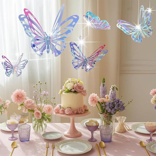 Yalikop 5 Pcs Large Butterfly Party Decoration 3 Sizes Laser 3D Butterfly Iridescent Party Decor 15.7 x 11.8 Inch Hanging Butterflies Decor for Girls Women Birthday Wedding Baby Shower(Classic Color)