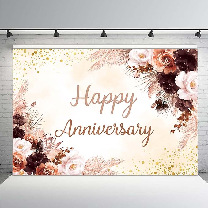 MEHOFOND Boho Happy Anniversary Backdrop Pink Floral Bohemia Pampas Grass Anniversary Banner Cheers to Marriage Wedding Party Decorations Memorial Portrait Photo Booth Background 10x7ft