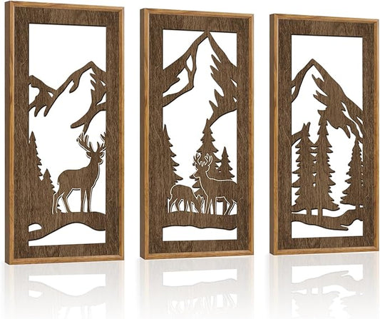 HPNIUB 3PCS Jungle Animals Wall Decor,Rustic Mountain Forest Wooden Sign for Living Room,Vintage Abstract Deer Pine Trees Hanging Wood Plaque Wall Art Nature Wall Sculpture for Home Office(8x16Inch)