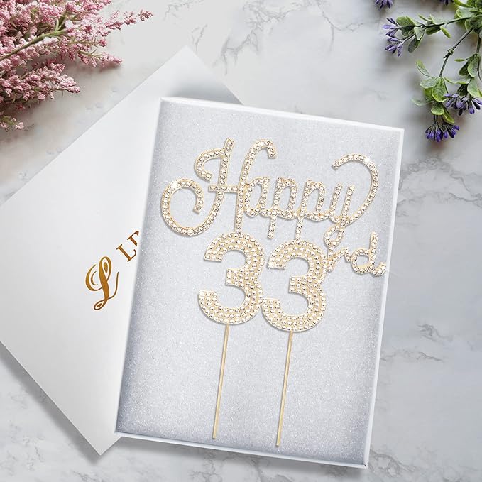 LINGTEER Happy 33rd Birthday Gold Rhinestone Cake Topper - Cheers to 33rd Birthday 33 Years Old Anniversary Party Cake Centerpieces Topper Decorations Gift Sign.