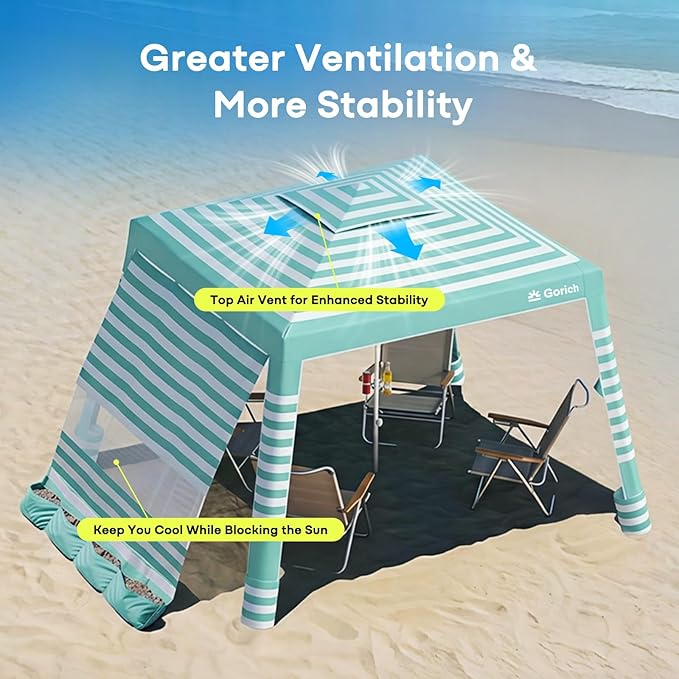 Gorich Beach Cabana with UPF50+ UV Protection, 8x8 FT/10x10 FT Beach Canopy Tent with Side Wall, Easy Setup, Windproof Portable Sun Shelter Shade for Family