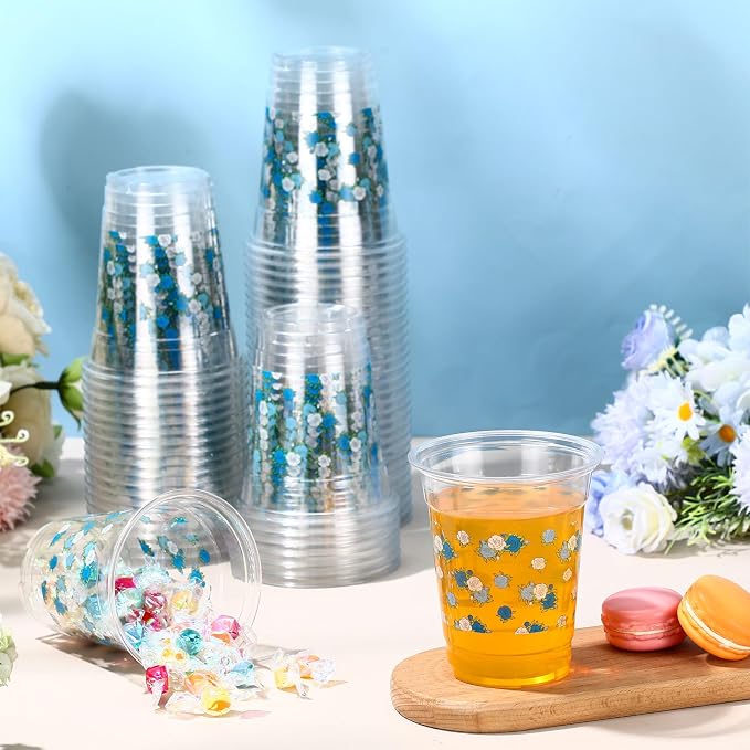 Funnymoom 60 Pack Blue Floral Plastic Cup 12 oz Wedding Flower Disposable Clear Plastic Blue White Flower Drinking Cups for Wedding Bridal Baby Shower Birthday Tea Party Decoration Supplies