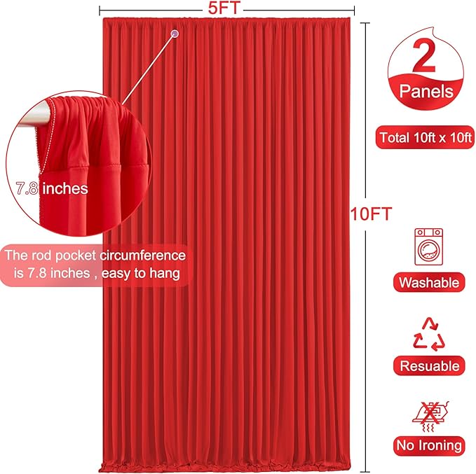 10ft x 10ft Red Backdrop Curtain for Parties Red Wrinkle Free Backdrop Drapes Panels for Wedding Baby Shower Birthday Photo Photography Christmas Polyester Fabric Background Decoration