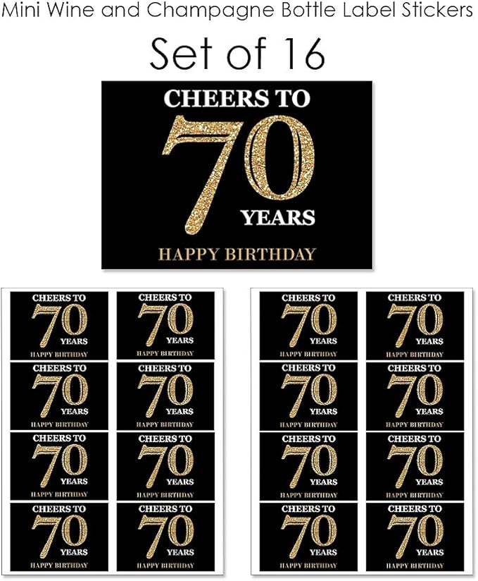 Big Dot of Happiness Adult 70th Birthday - Gold - Mini Wine and Champagne Bottle Label Stickers - Birthday Party Favor Gift for Women and Men - Set of 16