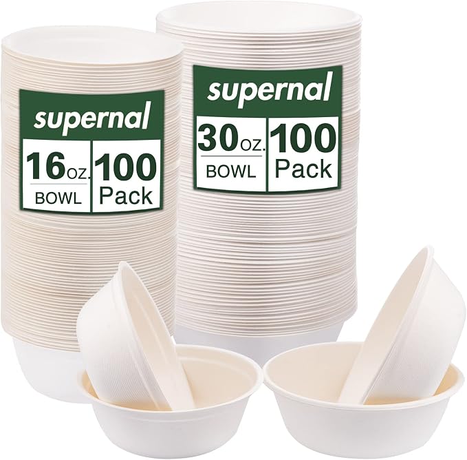 supernal 200Pcs Compostable Disposable Paper Bowls Combo Set for Catering | Heavy duty bagasse sugarcane bowls include 100pcs 16oz and 100pcs 30oz. Biodegradable, leakproof soup bowls for party.