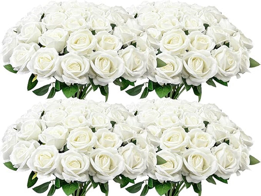 Wondrus Bulk Artificial Flowers 100 PCS, Fake Velvet Silk White Roses with Long Stems Realistic Bouquet for Mother's Day Wedding Centerpieces, Faux Arrangement for Home Table Decor