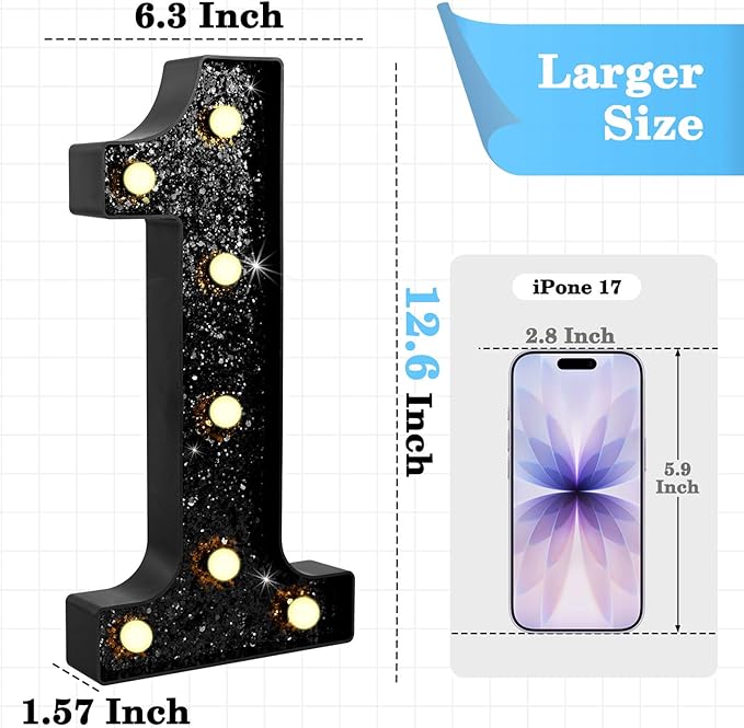 12.6 Inch LED Black Marquee Light Up Numbers, 1st Birthday Decorations Number Lights as Gifts for Girls Boys, Glitter Lighted Marquee Numbers for Black Anniversary Party Table Decor, 1