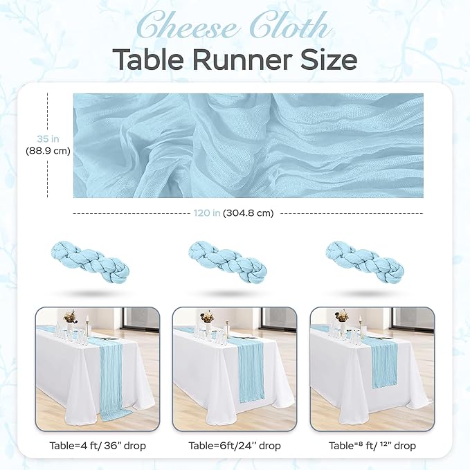 Cheesecloth Table Runner 8 Pack – 35x120 Inch (10ft) Boho Rustic Gauze Cloth Runners – Crinkle Polyester Table Decor for Wedding, Baby Shower, Bridal Shower, Birthday Party and More (Sky Blue)