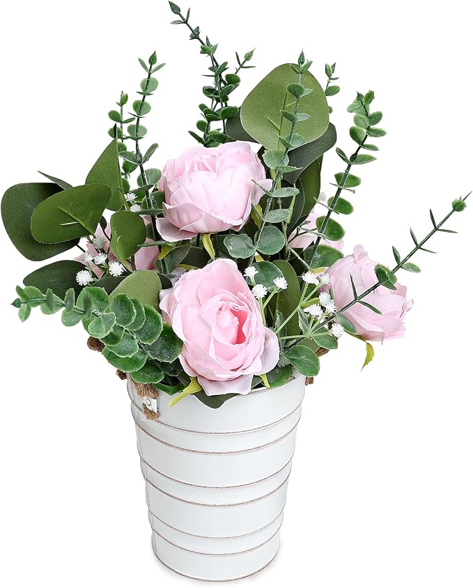 Artificial Flowers in Pot - 10 Inches Pre-Made Large Faux Silk Rose Floral Greenery Table Centerpieces with Rustic Tall Metal Vase for Farmhouse Home Decoration - Pink