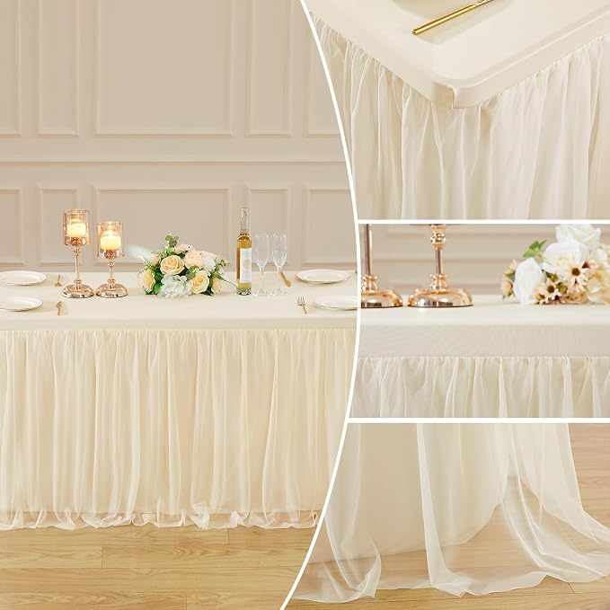 6 Pack 6ft Champagne Tulle Tablecloths for Rectangle Tables, 72 x 30 Inch Rectangular Table Cloth, Wrinkle Free Table Cover with Tutu Skirt for Wedding Birthday Party Banquet Buffet Decorations