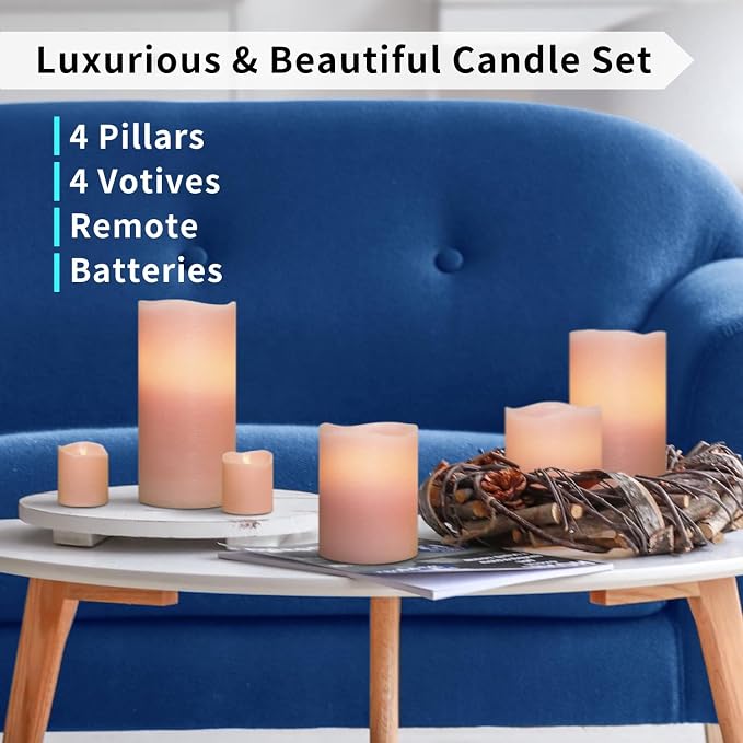 FURORA LIGHTING Pink Flameless Candles, 8-Pack Set with Remote & Timer | Includes 4 pillars and 4 votives. Creates a soft, romantic pastel pink glow perfect for weddings and bedroom aesthetics.