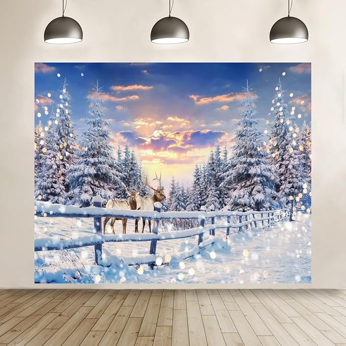 Winter Wonderland Christmas Backdrop 12x10ft for Photography Forest Reindeer Snow Winter Scene Backdrop for Pictures Christmas Party Holiday Background Decorations Photo Booth