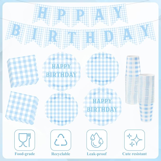 LemonRoad 128 Pcs Blue and White Birthday Party Decoration for 25 Guests, Gingham Checkered Light Blue Birthday Paper Plates Napkins Cups Tablecloth Forks Banner for Birthdays Picnic Party Supplies