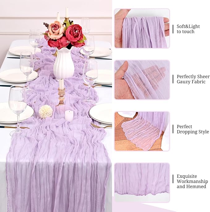 24 Pack Lavender Cheesecloth Table Runner,10FT Boho Gauze Tablerunner,35x120inch Rustic Table Runners for Wedding Party Bridal Shower Thanksgiving Christmas Boho Table Decoration