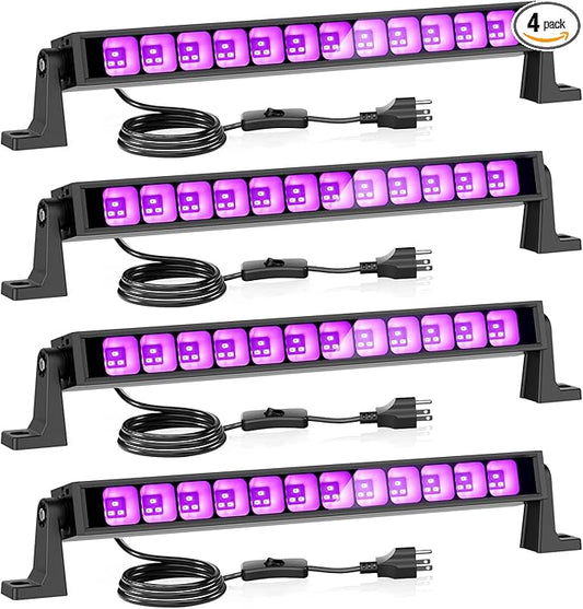 Onforu 4 Pack 42W LED Black Lights, Blacklight Bars with Plug and Switch, Glow in The Dark Party Supplies for Halloween Decorations, Bedroom, Body Paint, Stage Lighting, Poster, Black