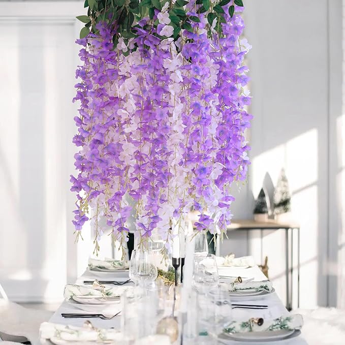 48Pcs Artificial Wisteria Hanging Flowers, 3.6Ft/Pcs White & Purple Fake Wisteria Garland for Wedding Party Home Garden Indoor Outdoor Decoration