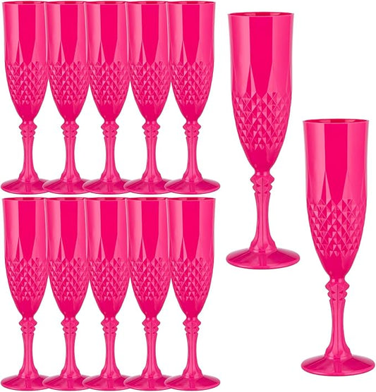 Plastic Champagne Flutes,Wine Glasses Goblets Set of 12,Mimosa Bar Shatterproof Reusable Vintage Champagne Flutes Stemmed Drinking Cups for Weddings, Bachelor Parties, Toasting,Cava, Prosecco(12,Pink)