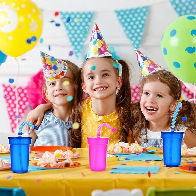 Haundry 24 Pack Kids Party Cups with Lids and Straws, Colorful Plastic Sipper Party Favor Cups for School Events and Birthday Celebrations Supplies, Neon Colors