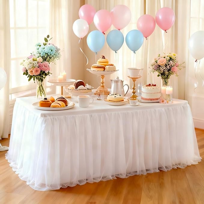 1-Pack White 2-in-1 Tulle Tablecloth for 8-Foot Rectangular Table – Stretch Fitted Table Skirt & Cover for Baby Shower, Bridal, Birthday, Princess Party