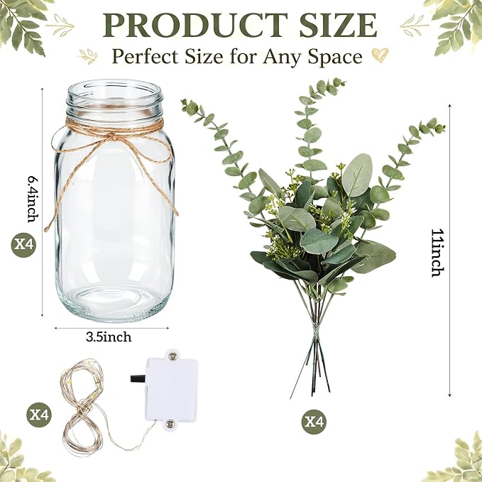 4 Sets Mason Jar Centerpiece with LED Lights and Pink Hydrangea Fake Flowers Vase for Wedding Bridal Shower Party Coffee Table Decor