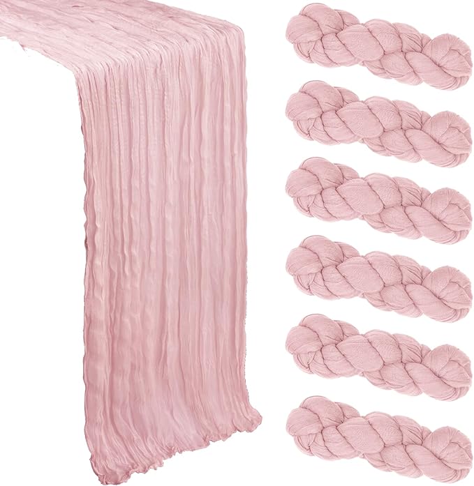 6 Pack Dusty Pink Table Runner Cheesecloth 10Ft Spring Gauze Cheese Cloth Table Runner 35x120 Inch Boho Sheer Rustic Fabric for Holiday Party Decor Baby Shower Wedding Decoration