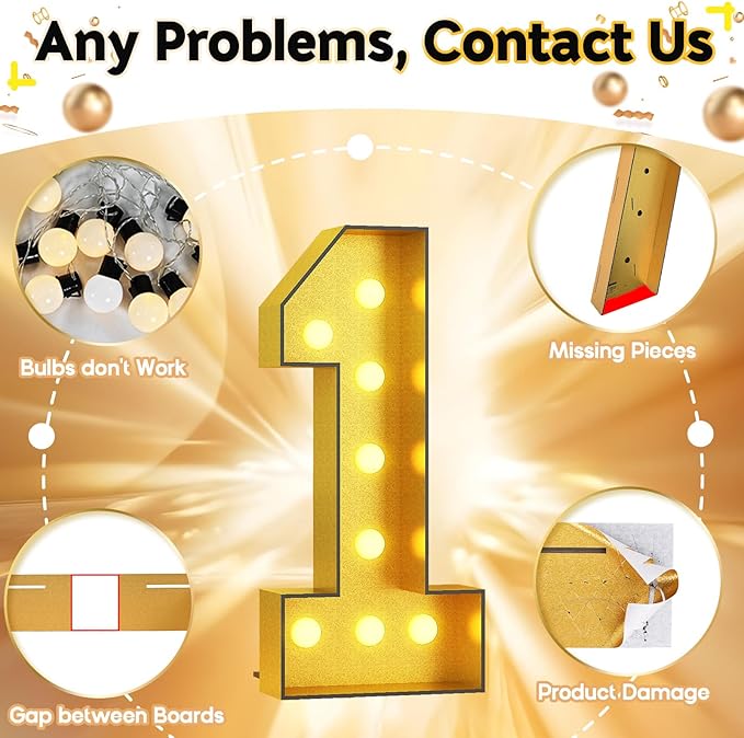 Light Up Number 1, Marquee Light Up Numbers Gold 4FT, Large Led Numbers Lights for First 1st 21st Birthday, 4 Feet Tall DIY Frame Pre-Cut Foam Board Kit for Night Light Party Anniversary Decorations