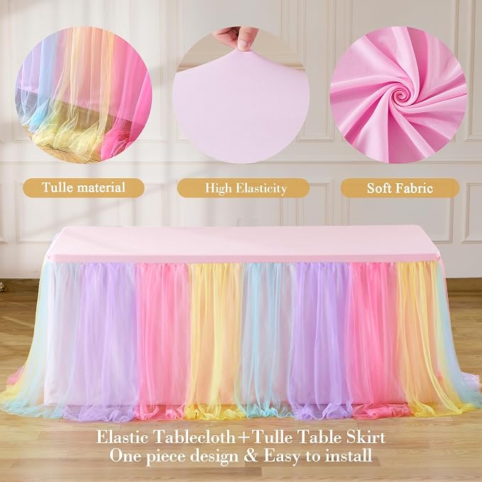 Rainbow Tulle Tablecloth for 8 Foot Rectangular Table, 8ft Rainbow Rectangle Table Cloth, Wrinkle Free Tablecover with Tutu Skirt for Wedding Birthday Party Baby Shower Banquet Buffet Cake Event