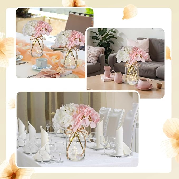 4 Sets Mason Jar with Lights Pink and White Hydrangea Decorative Pink White Centerpieces for Tables Mason Jars Flowers Decorations LED Farmhouse Vase for Home Wedding Event Party Decor