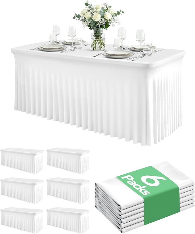 6 Pack Spandex Table Cover Skirts for 6ft Rectangle Tables, White Stretch Table Cloths with Floor-Length Ruffle, Elastic Fitted Skirted Tablecloth for Elegant Wedding Banquet Party Buffet Decoration