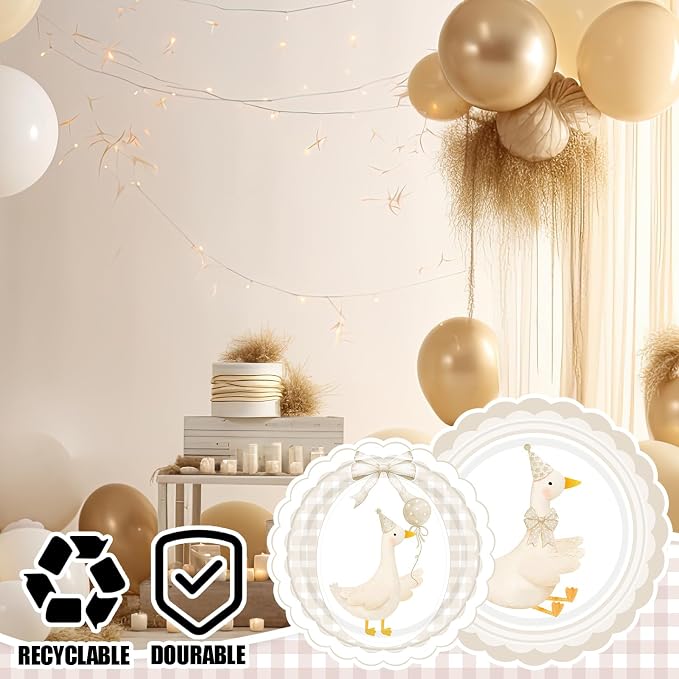 Zhehao 350 Pcs One Silly Goose Birthday Party Tableware Set Beige Bow Scalloped Baby Shower Plates Cup Napkins Forks for Birthday Party Decorations Supplies for 50 Guests