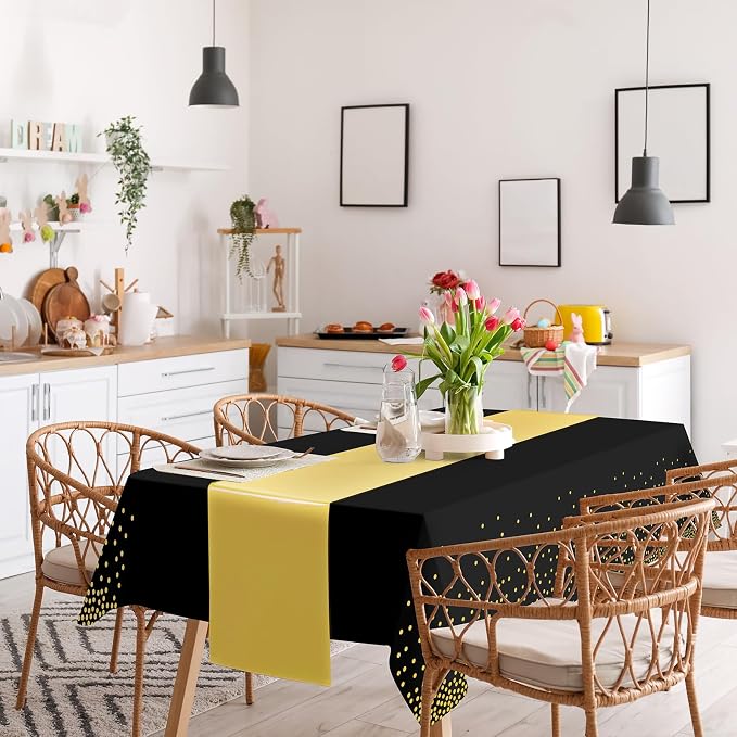 24 Pack Black and Gold Tablecloth and Table Runner Set Party Decorations, Black and Gold Plastic Disposable Tablecloth and Satin Table Runner for Wedding Birthday Bridal Graduation Anniversary Party
