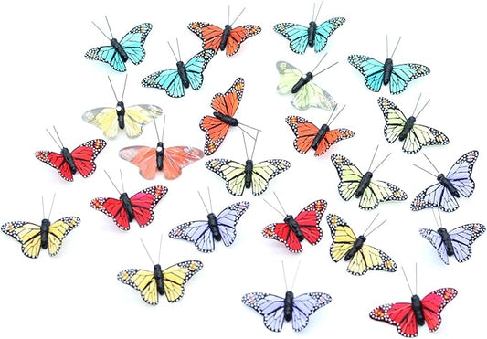 HNH Artificial Butterfly Decorations 3D Feather Butterfly with Magnet Set 6 Color of 24pcs Papillon Butterflies for Flower Bouquets Crafts Spring Decor Ornaments - Ideal for Home & Garden (1803M)