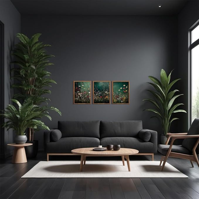 Vintage Wildflower Wall Art Set of 3, Dark Green Flower plant Canvas Prints Wall Decor, Gothic dark style pastoral landscape painting for Living Room Bedroom Farmhouse Home Decor 16x24in Wood Framed