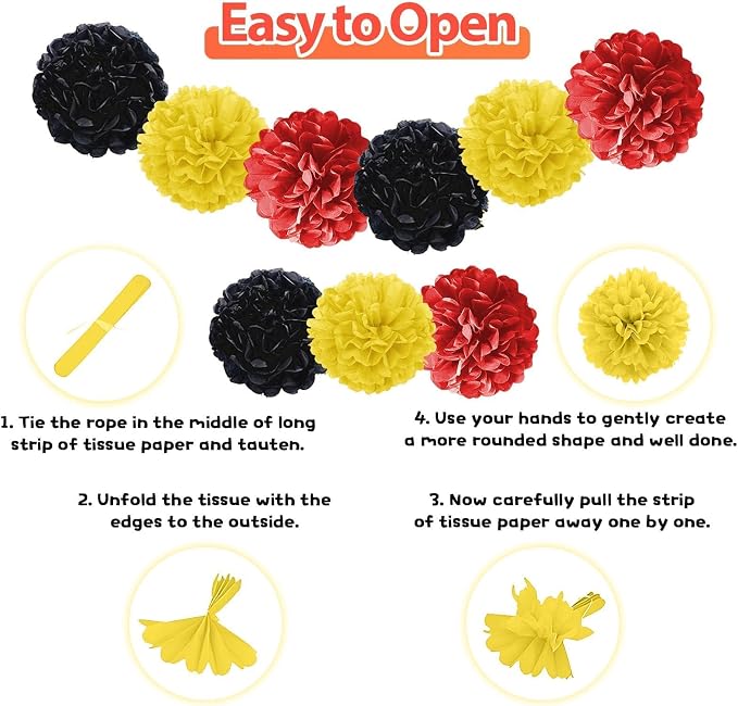 Red Black Yellow Party Supplies,Include Balloons Happy Birthday Banner Fringe Curtain Tissue Paper Pompoms Garland