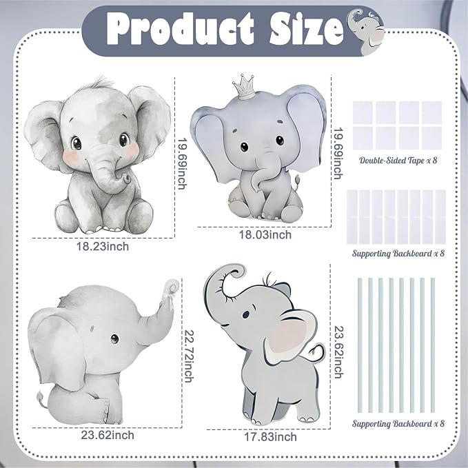 4 Pack Elephant Baby Shower Decorations, Large Baby Elephant Cardboard Cutouts Standup, Blue Cartoon Birthday Party Signs for Photo Booth Props Backdrops Decor Displays Party Supplies