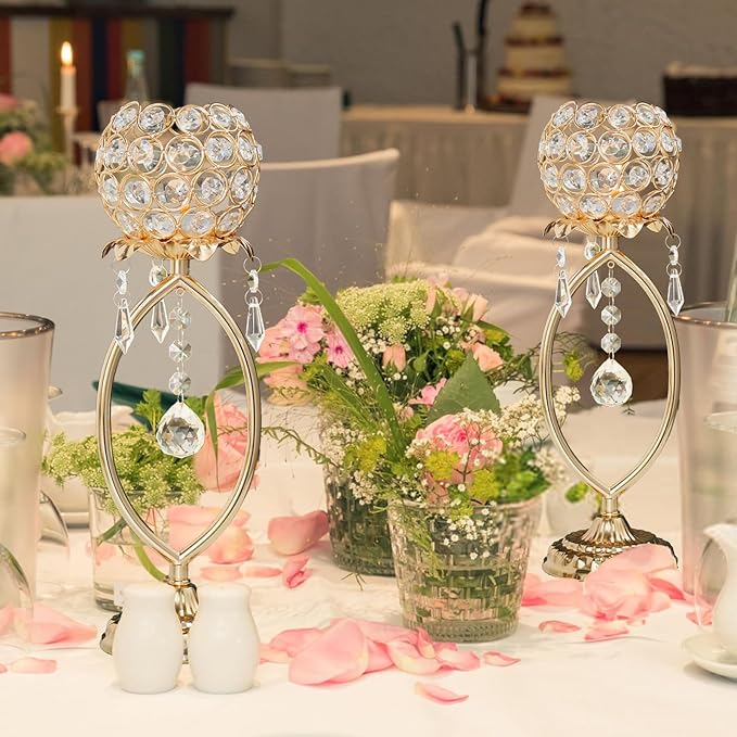 2 Pcs Elegant Metal Crystal Tea Light Candle Holders with Crystal Pendants, Hollow Design - Wedding Table Centerpieces for Anniversary Birthday Party, Home Decor (12, Gold)
