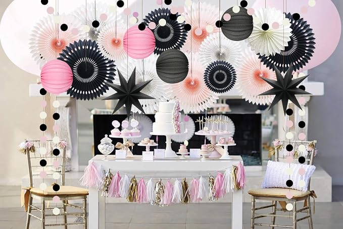 10 Pcs Party Decoration Set, Black Pink White Paper Fans, Honeycomb Balls and Star Lanterns for Halloween, Graduation, Birthday, Baby Shower & Bridal Shower Events