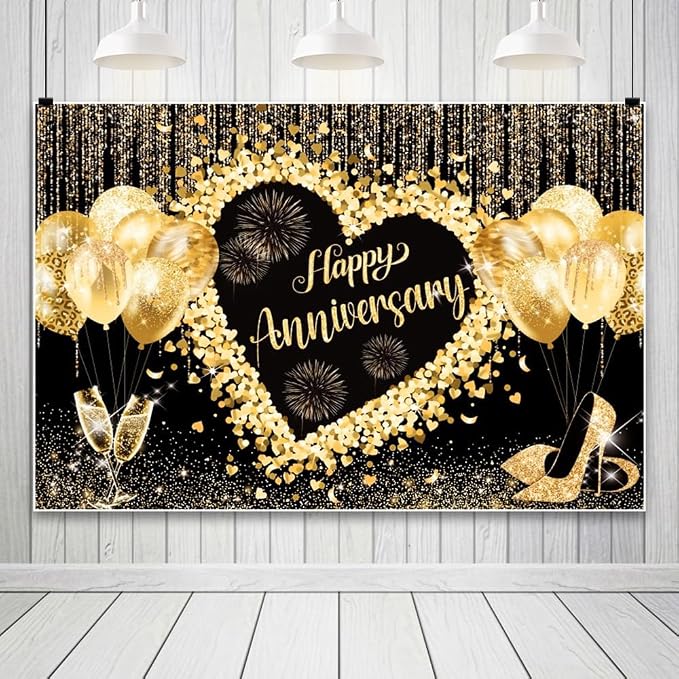 10x8ft Black and Gold Happy Anniversary Backdrop Banner, Happy Anniversary Sign, Gold Glitter Bokeh Spot Balloon Champagne Decorations for Wedding Anniversary Bridal Shower Party Photo Backdrops