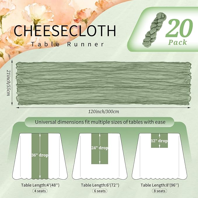 20 Pack Sage Green Cheesecloth Table Runner 10FT Boho Gauze Cheese Cloth Table Runners Romantic Rustic Sheer Table Decorations for Wedding Party Baby Shower Birthday Holiday Home