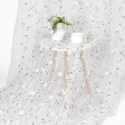 NBEADS 5 Yards Polyester Embroidered Mesh Fabric, 59 Inch Wide Floral Mesh Tulle for Bridal Gown Prom Dress Curtain DIY Sewing Backdrop, White