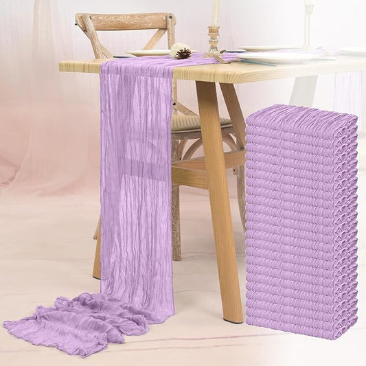 24 Pack Lavender Cheesecloth Table Runner 10FT Lilac Purple Boho Gauze Cheese Cloth Table Runner Rustic Sheer Fabric Table Runners for Wedding Bridal Shower Baby Shower Party(21.5×120 Inch)