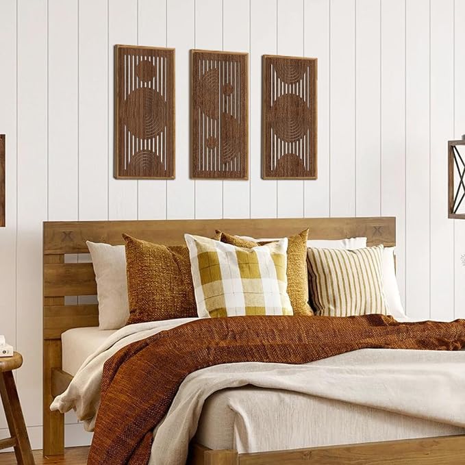 IARTTOP Boho Abstract Wooden Wall Decor Set of 3 Mid-Century Modern Geometric Line Wooden Wall Art 8"x16" Neutral Brown Cutout Wood Panels Decor for Living Room Bedroom Minimalist Home