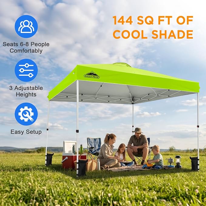 EAGLE PEAK Pop Up Canopy Tent with Wheeled Carry Bag, 8 Stakes, 4 Ropes, 4 Weight Bags, Easy Set Up Tent Canopy, 12x12 ft, 144sqft of Shade, Neon Green