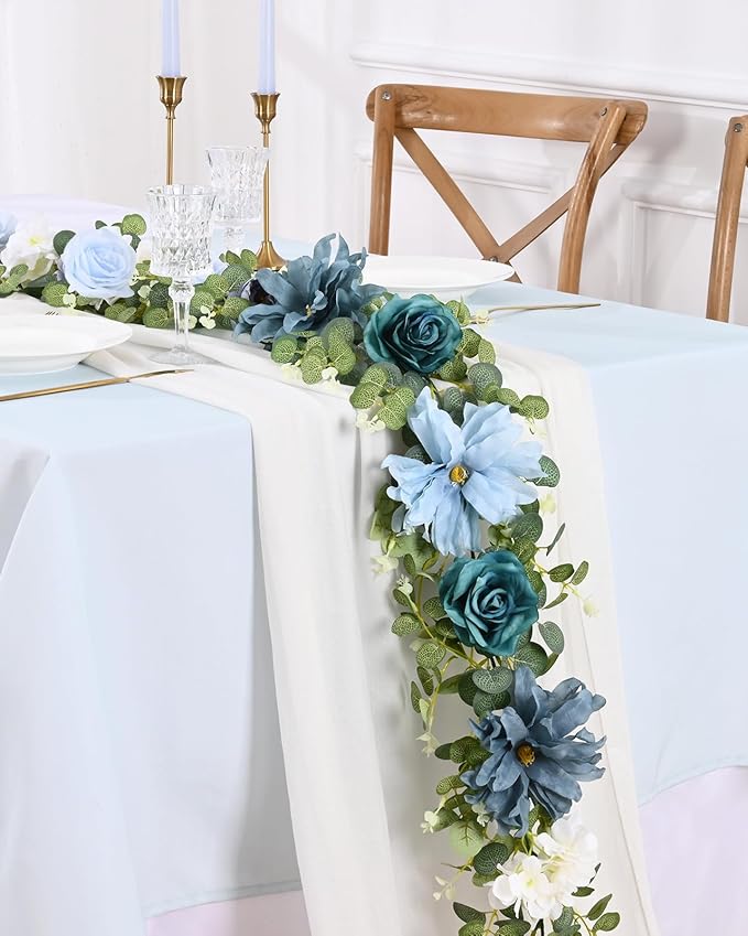 Waipfaru 8.85Ft Flower Garland, Eucalyptus Greenery Garland with Flowers, Rose Floral Vines for Wedding Table Runner Spring Summer Backdrop Decor (Dusty Blue)