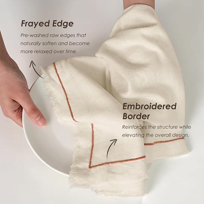 Linen World Dish Towels Set of 4, 20 x 28 Inch Linen Blend Kitchen Towel, Frayed Edge, Embroidered Border, Absorbent Large Tea Towels-Sand Beige