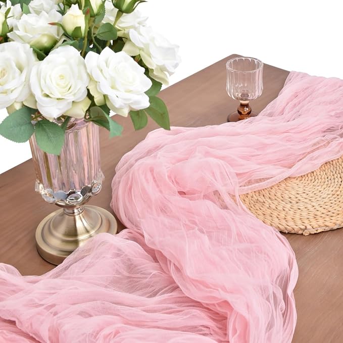 Joanlody Blushing Pink Cheesecloth Table Runner Spring Summer 10Ft Rustic Gauze Boho Cheese Cloth Table Runner for Wedding Bridal Baby Shower Decoration 6 Pack